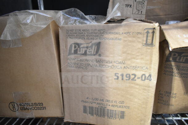 Lot of Purell hand sanitizer, item 5192-04, in boxes. Contains 4 - 1200ml refills. Boxes show storage instructions.