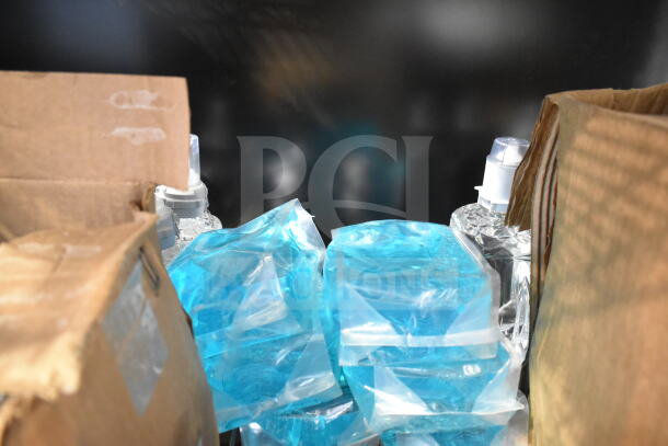 Lot of Purell Hand Sanitizer in cases with blue liquid packs. Multiple tiers, new condition, ideal for bulk purchase.
