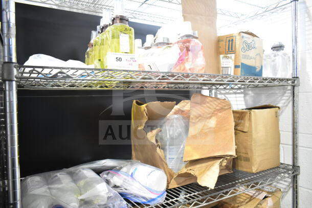 ALL ONE MONEY lot with two shelves of various items, including dry foam shampoo, encapsulation cleanser, and GoJo hand cleaner.