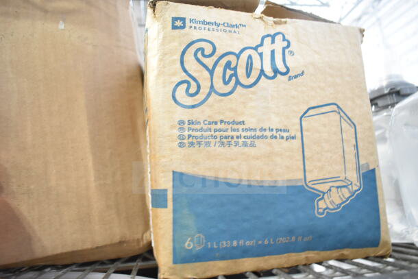 Box of Scott skincare product, labeled in multiple languages, 6 liters capacity, on a metal shelf.