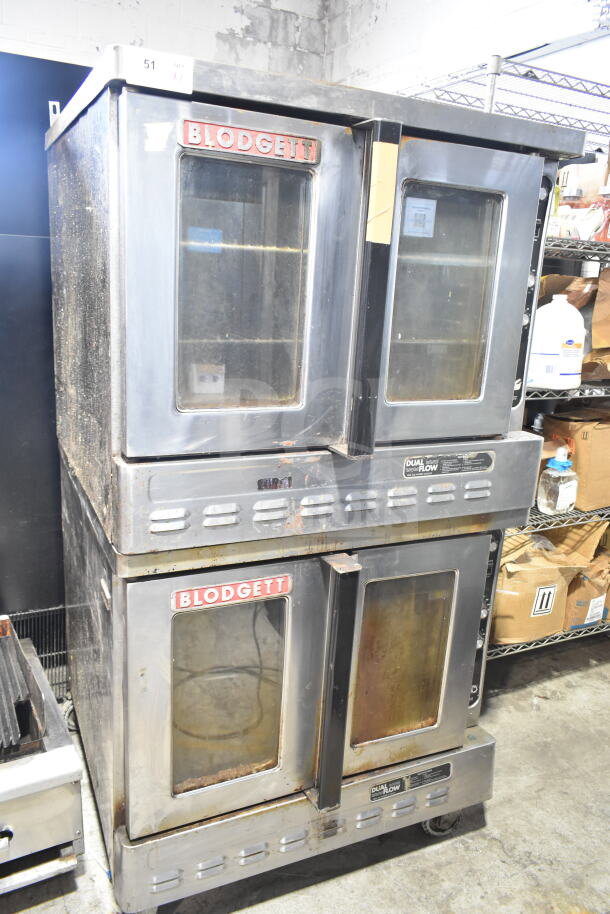 Blodgett commercial full-size convection ovens with view-through doors, thermostatic controls, on commercial casters.