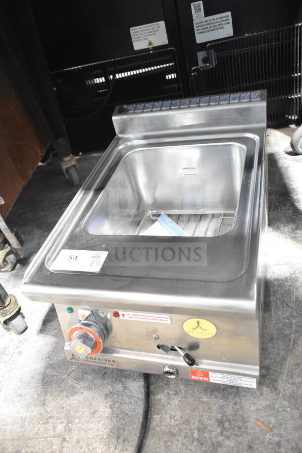 Arcobaleno APCT24 commercial countertop electric fryer, stainless steel, 230 volts, features control panel and safety labels.