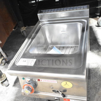 Arcobaleno APCT24 commercial countertop electric fryer, stainless steel, 230 volts, features control panel and safety labels.