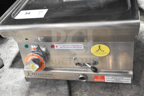 Arcobaleno APCT24 electric fryer, 230V, commercial countertop model. Features power switch, indicator lights, and warning labels.