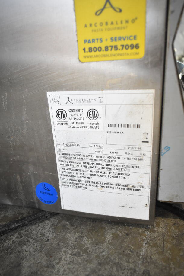 Arcobaleno APCT24 Commercial Countertop Electric Fryer, 230V, model APCT24. Visible labels show safety certifications and contact info.