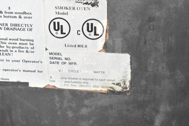 CookShack 250 Commercial Electric Smoker, 208V, shown with model and serial number labels visible.