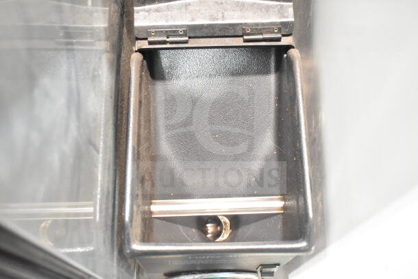 2017 Bunn G3 HD commercial coffee grinder; clear chute view, black interior, hinges, slight wear, 120 volts, 1 phase.