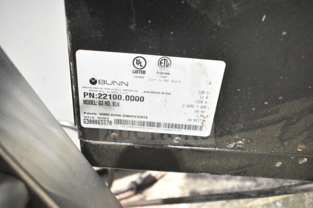 2017 Bunn G3 HD coffee bean grinder label, 120V, 1 Phase, shows model 22100.0000, UL and Intertek listed.