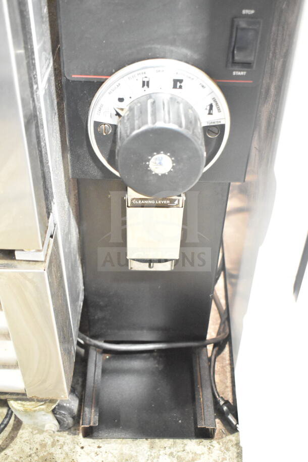 2017 Bunn G3 HD Coffee Bean Grinder, commercial-grade, shows grind settings dial, cleaning lever, 120V power.