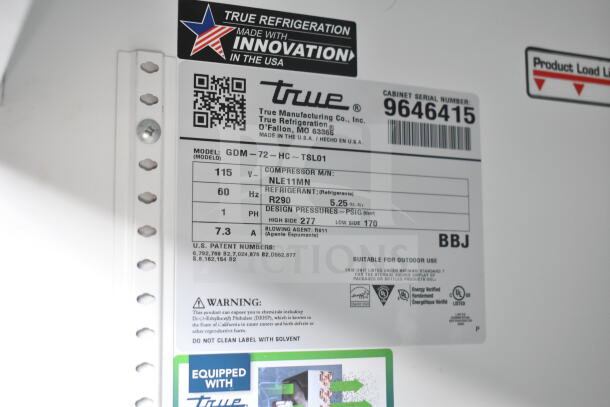 Label of 2019 True GDM-72-HC 3 Door Reach In Cooler, 115 Volts, 1 Phase, displaying model specs and safety warnings.