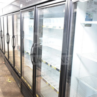 2017 True GDM-49-HC commercial 2-door cooler merchandiser, black frame, glass doors, shelves, "Cold Drinks" signage, 115V, 1-phase.