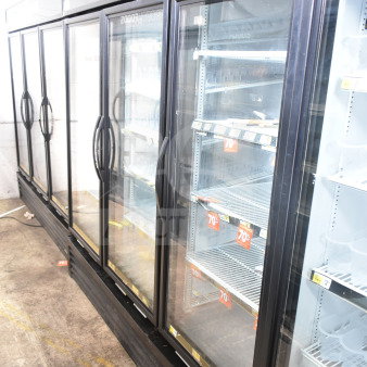 2017 True GDM-72-HC commercial 3-door cooler merchandiser, glass doors, "Cold Drinks" label, 115 volts, 1 phase.