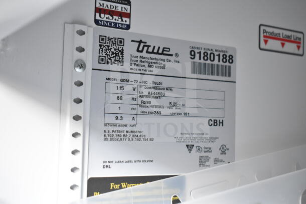 True GDM-72-HC Cooler label showing model, 115 volts, refrigerant R290, and "Made in U.S.A." marking.