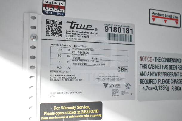 2017 True GDM-72-HC 3 Door Cooler, 115V, 1 Phase. Label shows model, power details, refrigerant type R290. Made in USA.