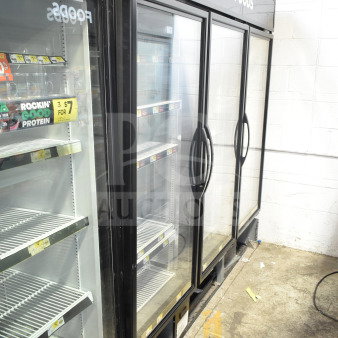 2017 True GDM-72F-HC commercial 3-door freezer merchandiser, excellent condition, visible shelving, 115/208-230V, 1 phase.