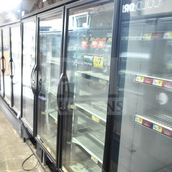 2017 True GDM-72-HC commercial 3-door reach-in cooler merchandiser, 115V, 1 phase, visible shelving, labeled "Dairy."