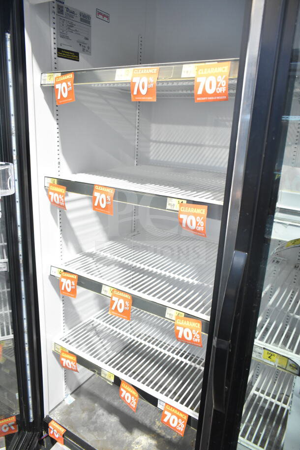 2017 True GDM-72-HC Commercial 3 Door Cooler, reach-in merchandiser, 115V, 1 Phase, clearance sale tags visible.