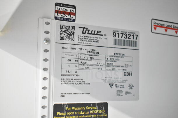 2017 True GDM-72F-HC freezer label, showing model, voltage, refrigerant, and Made in USA sticker.