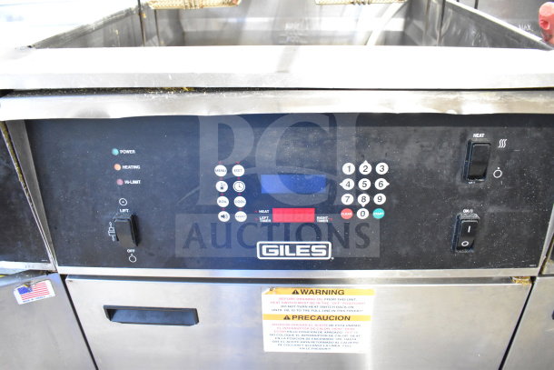 Giles EOF-24 Stainless Steel 3 Bay Electric Fryer with EOF-BIB Dump Station. Digital controls, 480V, 3 Phase. Good condition.