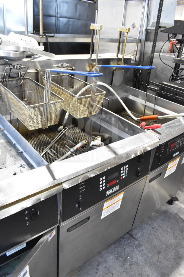 Giles EOF-24 stainless steel 3 bay fryer with EOF-BIB dumping station, 480V, 3 phase. Includes control panel and baskets.