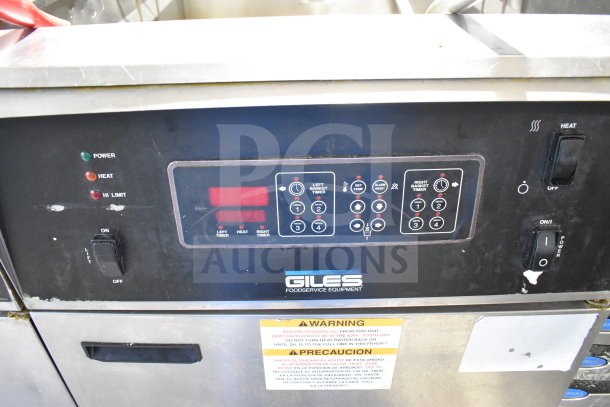 Giles EOF-24 stainless steel commercial 3 bay fryer with control panel and warning label; 480 volts, 3 phase.