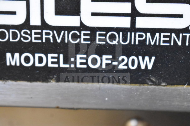 Stainless steel Giles EOF-24 commercial fryer with EOF-BIB dumping station, 3 bay, 480V, 3 phase, model label shown.