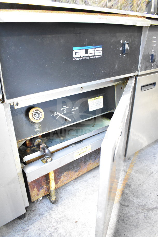 Giles EOF-24 stainless steel electric 3-bay fryer with EOF-BIB dumping station, 480 volts, 3 phase. Visible wear.