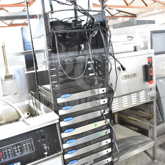 AV cart with 10 Crown CTs 1200 amplifiers, 3 Furman M-8x voltage regulators, Middle Atlantic rack, Samson unit.