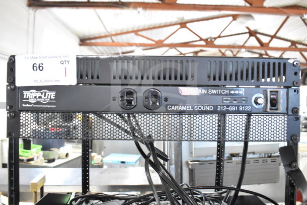 15-unit AV cart with 10 Crown CTs 1200 amplifiers, 3 Furman M-8x regulators, Middle Atlantic rack, and Samson unit. Tags show auction details.