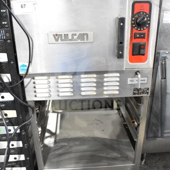Vulcan C24EO3 commercial steam cabinet, single deck, on stand. 208/240V, 3/1 phase. Features dial timer and control panel.