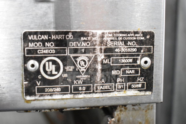 Vulcan C24EO3 steam cabinet label showing model, serial number 46-3018290, and electrical specs: 208/240V, 3/1 phase.