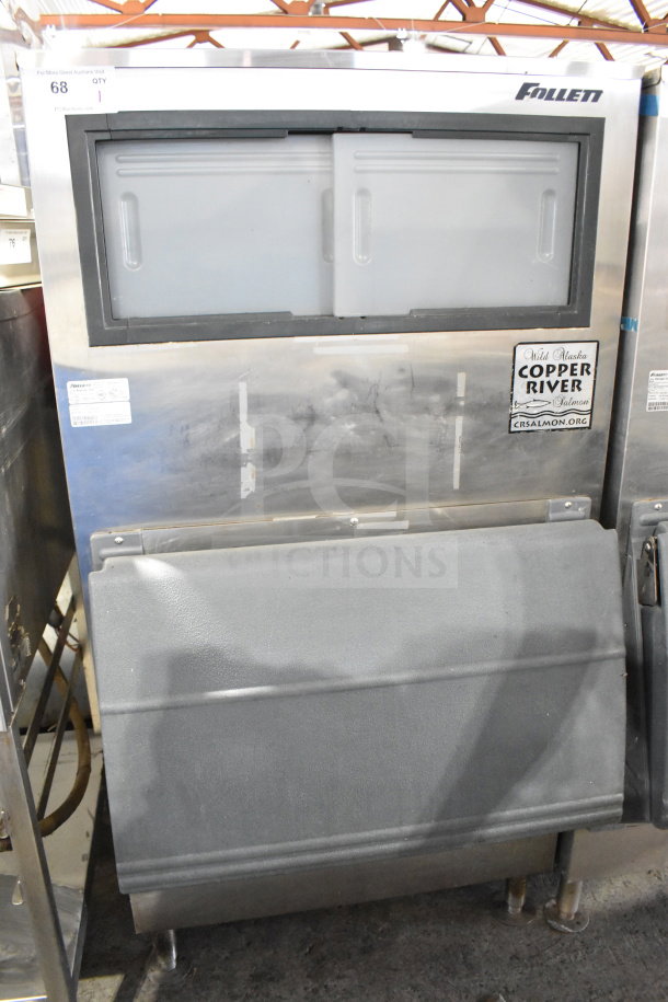 Follett SG700S Commercial Ice Bin, stainless steel, visible markings, sturdy design, gently used condition.