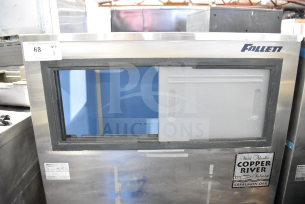 Follett SG700S Commercial Ice Bin, stainless steel, sliding door, good condition, brand label visible.