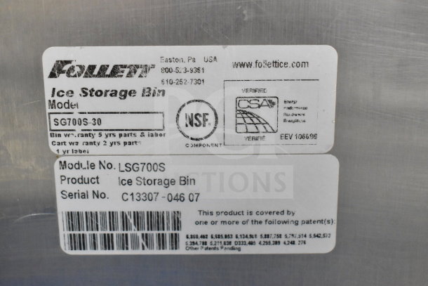 Follett SG700S-30 commercial ice bin label, showing model, certification logos, and warranty details.