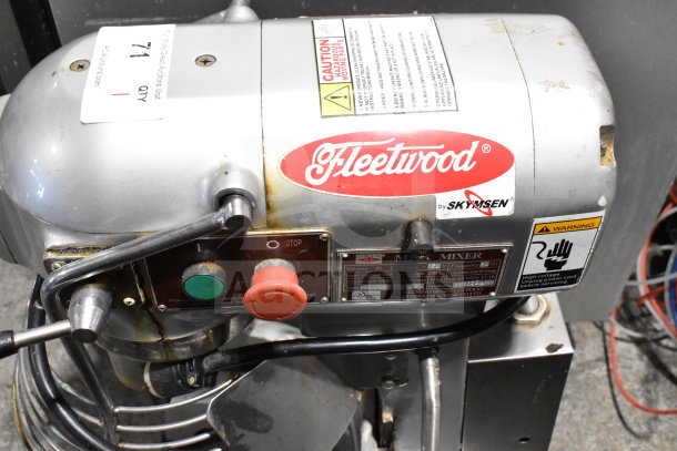 Fleetwood M20A 20 Quart Planetary Dough Mixer. Features bowl guard, 120V, 1 phase, visible brand and caution labels.