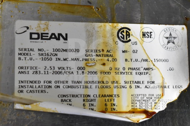Dean SR162GN deep fat fryer label showing model, natural gas power, 150,000 BTU; suitable for commercial use.