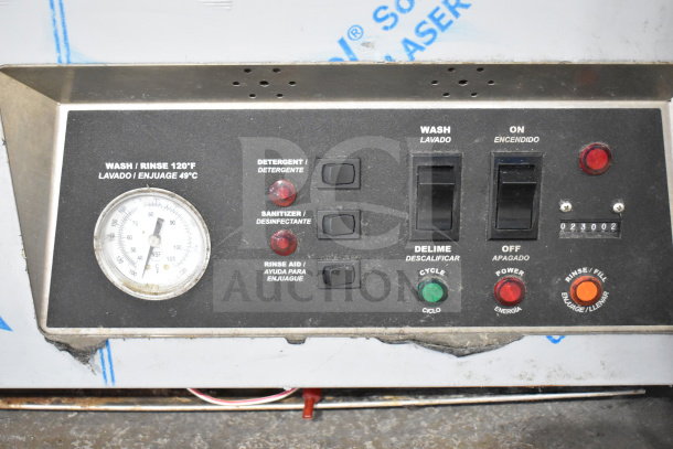 2020 Noble Wareforce UL30 Commercial Undercounter Dishwasher controls with temperature gauge and various function switches.