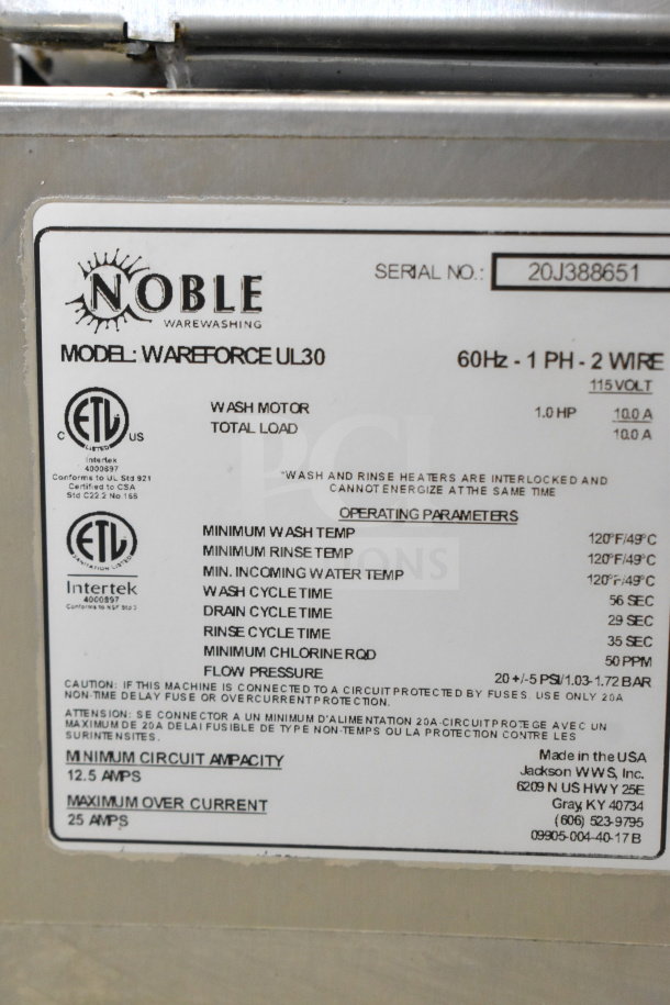 2020 Noble Wareforce UL30 commercial undercounter dishwasher with 115V, 1 phase. Label shows model and operating specs.