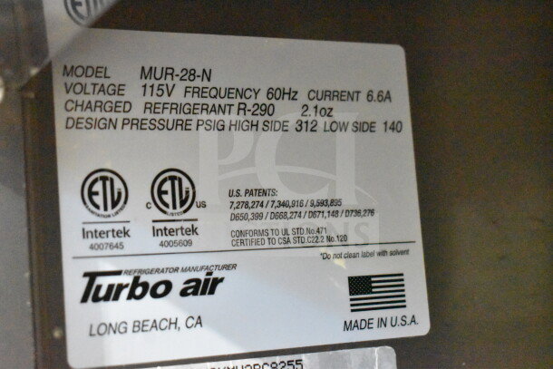 Turbo Air MUR-28-N cooler label detailing 115V, 60Hz, R-290 refrigerant, pressure ratings, and ETL certifications. Made in USA.