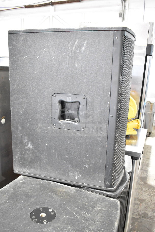 3 Electro Voice EV TX1181 subwoofer speakers, direct radiating, wear present, handle cutouts, ideal for amplified sound.