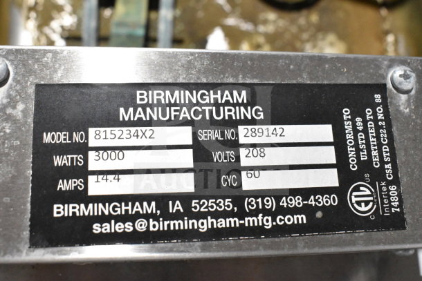 Birmingham 815234X2 Evaporator Condensate Pan, 208V, 3000W, Serial 289142, compliance labels visible.