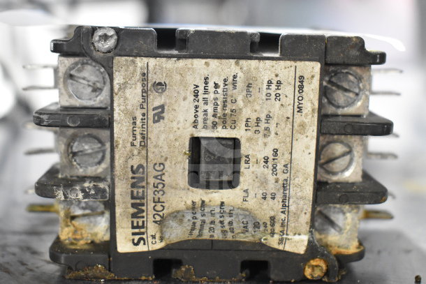 Siemens A2CF35AG Definite Purpose Contactor, model A2CF35AG, worn condition, visible labels with specifications.