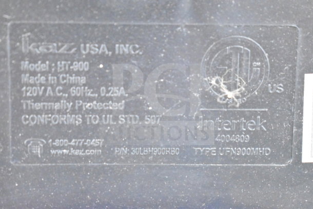 Label shows branding details for Honeywell HT-900 fan, 120V, 60Hz, 0.25A, made in China, thermally protected, conforms to UL STD. 507.