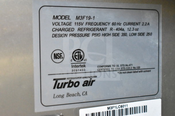 Turbo Air M3F19-1 Commercial Freezer label, 115V, 1 Phase, R-404a charged, NSF and ETL certifications.