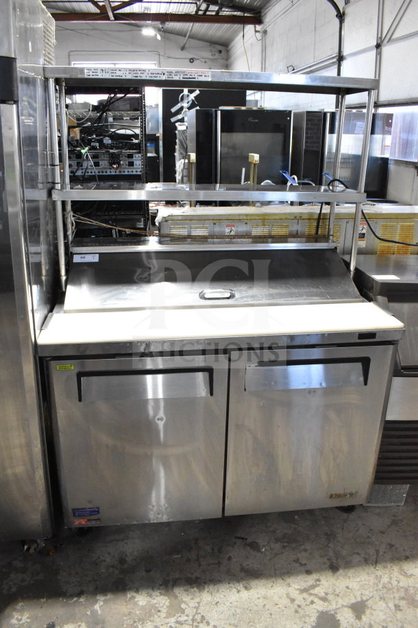 Turbo Air MST-48-N commercial sandwich salad prep table with two-tier overshelf and casters. 115 volts, 1 phase.