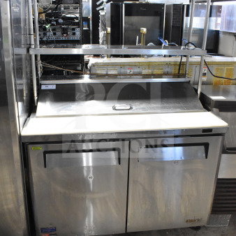 Turbo Air MST-48-N commercial sandwich salad prep table with two-tier overshelf and casters. 115 volts, 1 phase.