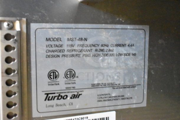 Turbo Air MST-48-N label showing model, voltage (115V), frequency (60Hz), current (4.4A), and refrigerant info.