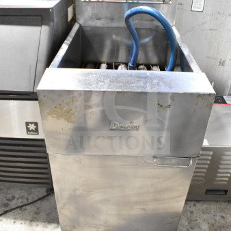 Dean SR162GN commercial gas fryer, 150,000 BTU, stainless steel, visible wear, industrial setting.