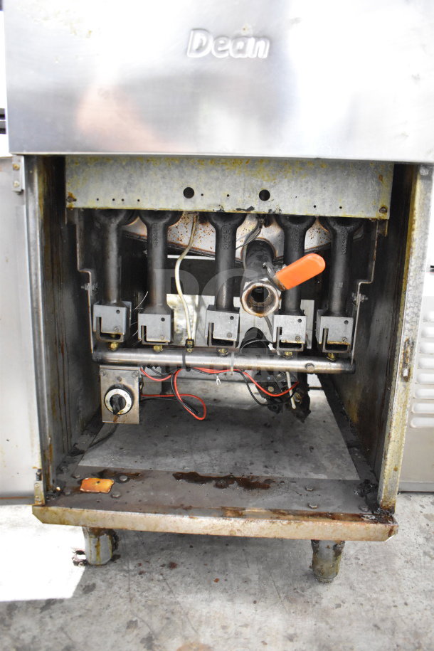 Dean SR162GN commercial deep fat fryer, natural gas, 150,000 BTU, showing internal burners and components, used condition.
