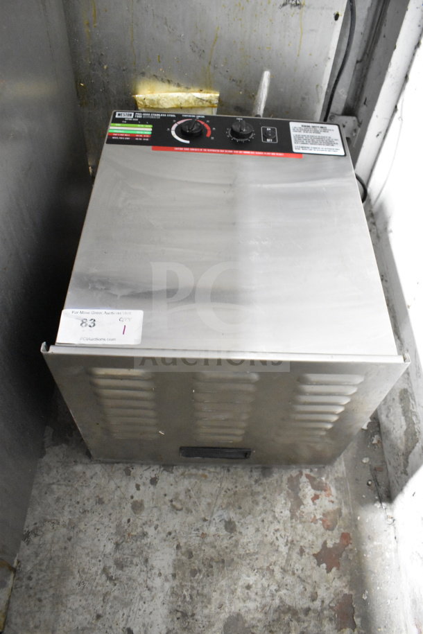 Weston PRO-1000 countertop food dehydrator, stainless steel, 115V, 1 phase. Control panel with dials; auction tag visible.